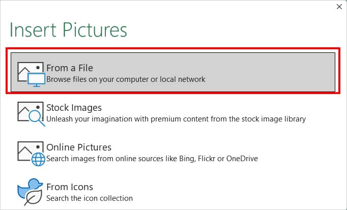 On Insert Pictures window, choose an option to import an image from