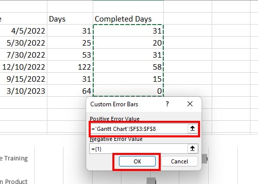 On Positive Error Value, Highlight the Completed days Column. Click OK