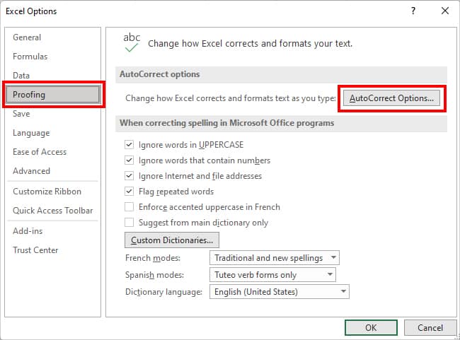 On the Excel Option window, click the Proofing menu on the left panel. Then, Under AutoCorrect options, click on AutoCorrect Options. 