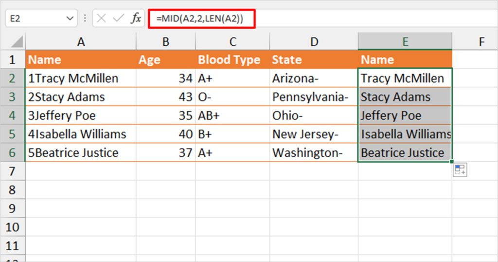 Remove first character using MID function Excel