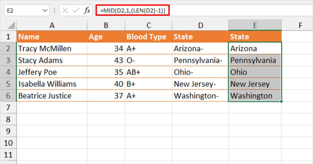 Remove last character using MID function Excel