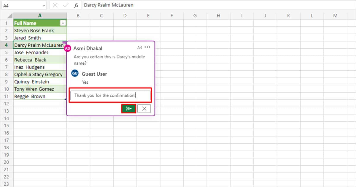 Reply in a threaded comment Excel