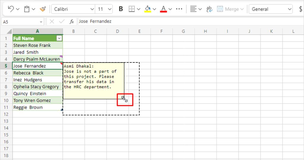 Resize comment in Excel