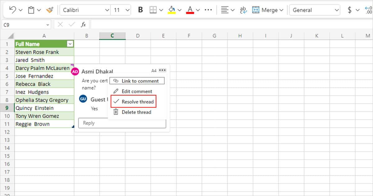 Resolve threaded comment Excel