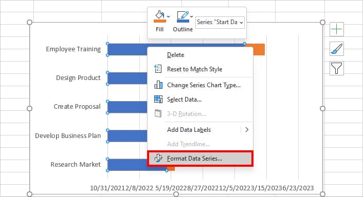 Right-click on the Start Date data series bar and pick Format Data Series