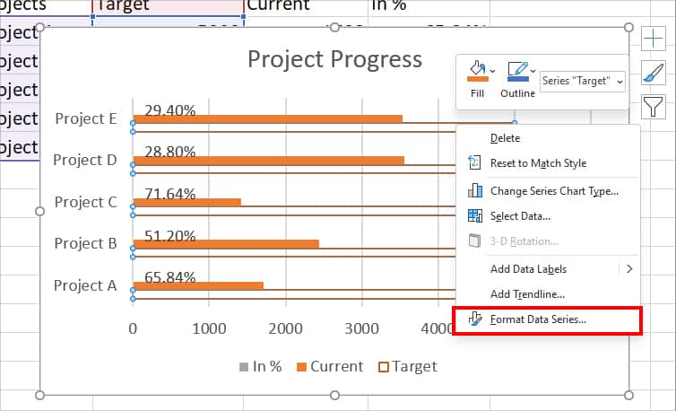 Right-click on the Target data bar and choose Format Data Series
