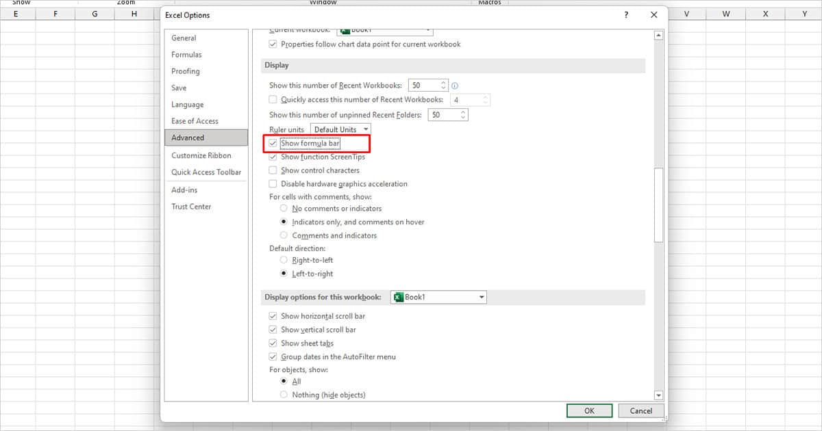 Show Formula bar from Excel options