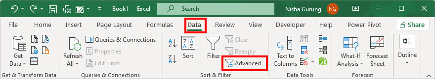 Then, from Sort & Filter section, click on the Advanced menu
