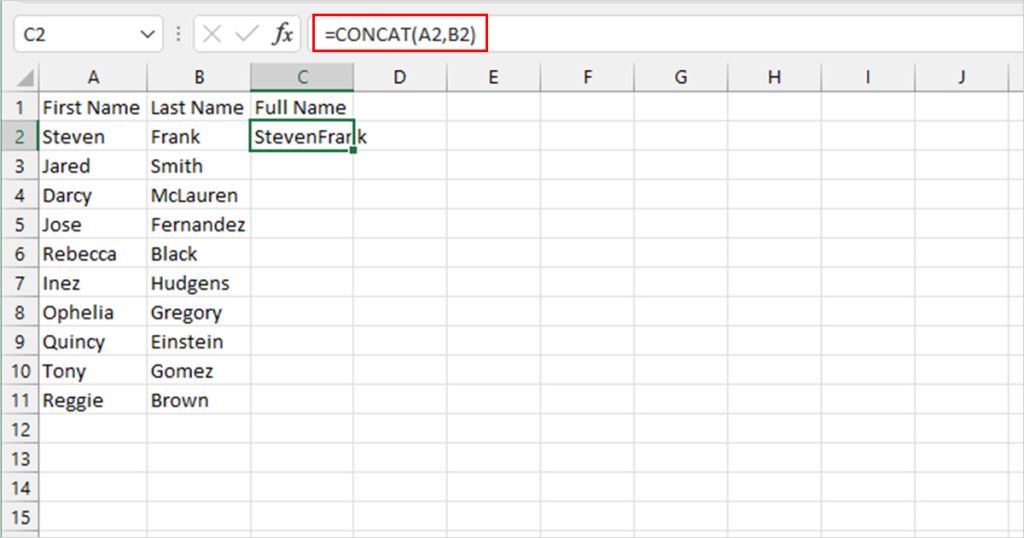 Use CONCAT to combine texts Excel