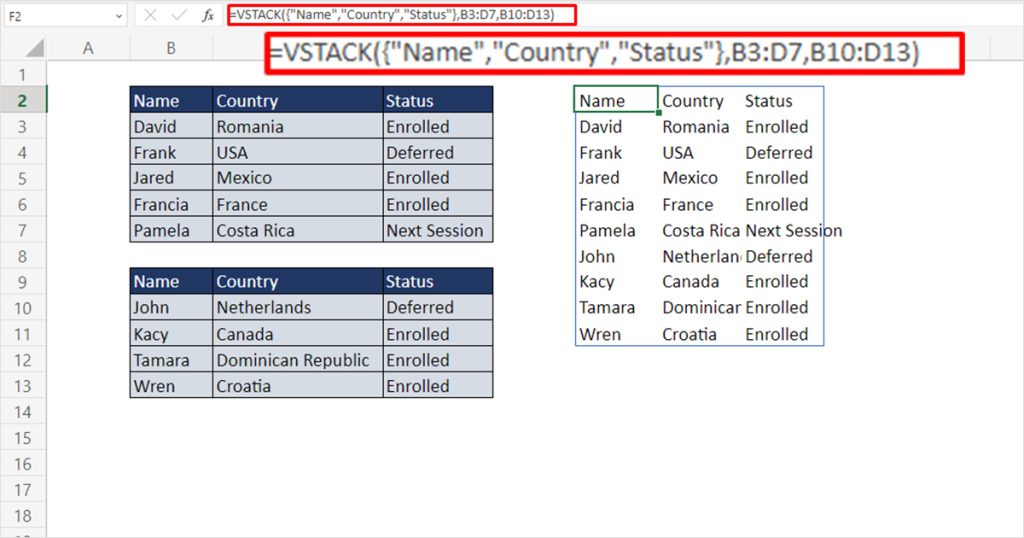 Use VSTACK to add column header Excel