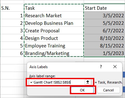 Using the collapse icon, select the Task Column and click OK
