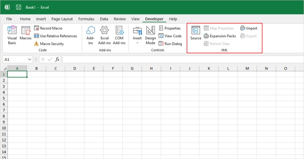 XML section Developer Ribbon Excel