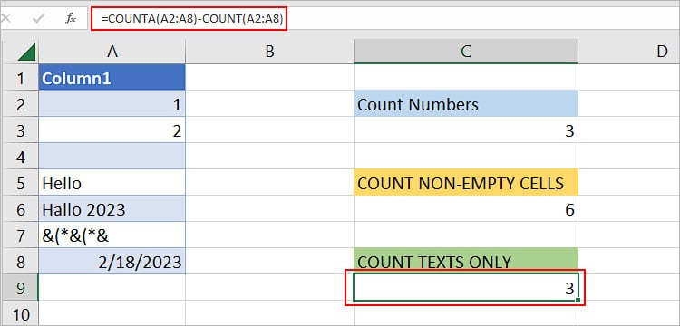 excel formula count text values