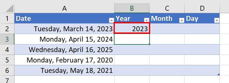 enter 2023 to extract the year from the date