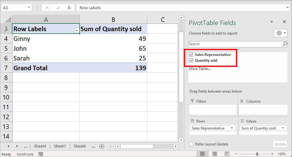 on PivotTable Fields at the right panel, check the boxes for the Columns