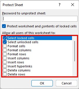 Below Allow all users of this worksheet to, tick the options to allow users to format