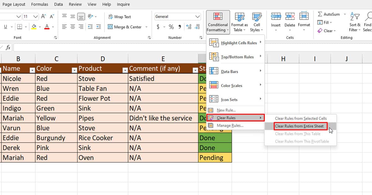 Clear Rules for conditional formatting