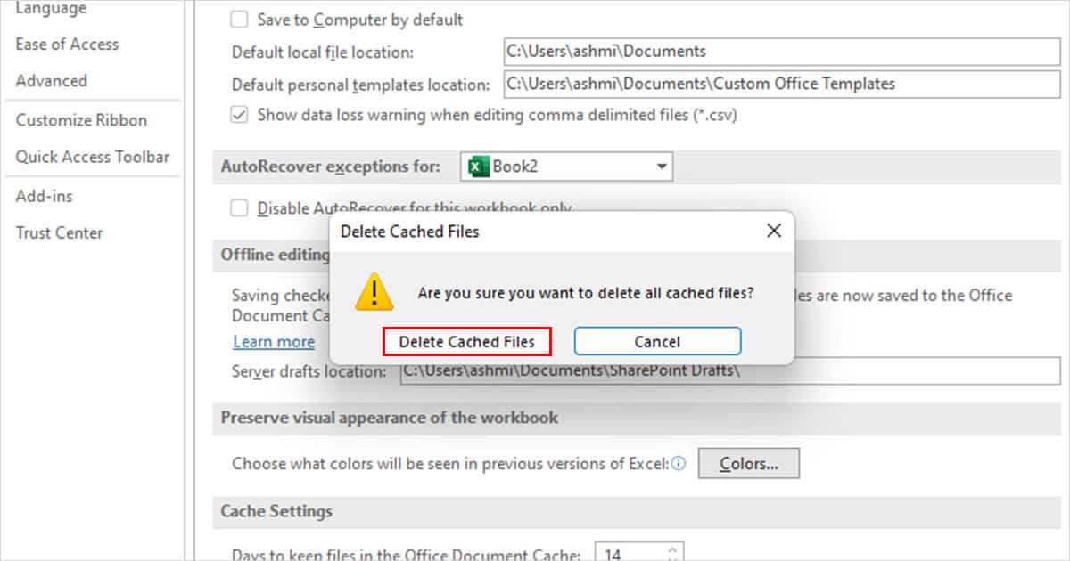 Delete Cached Files in Excel