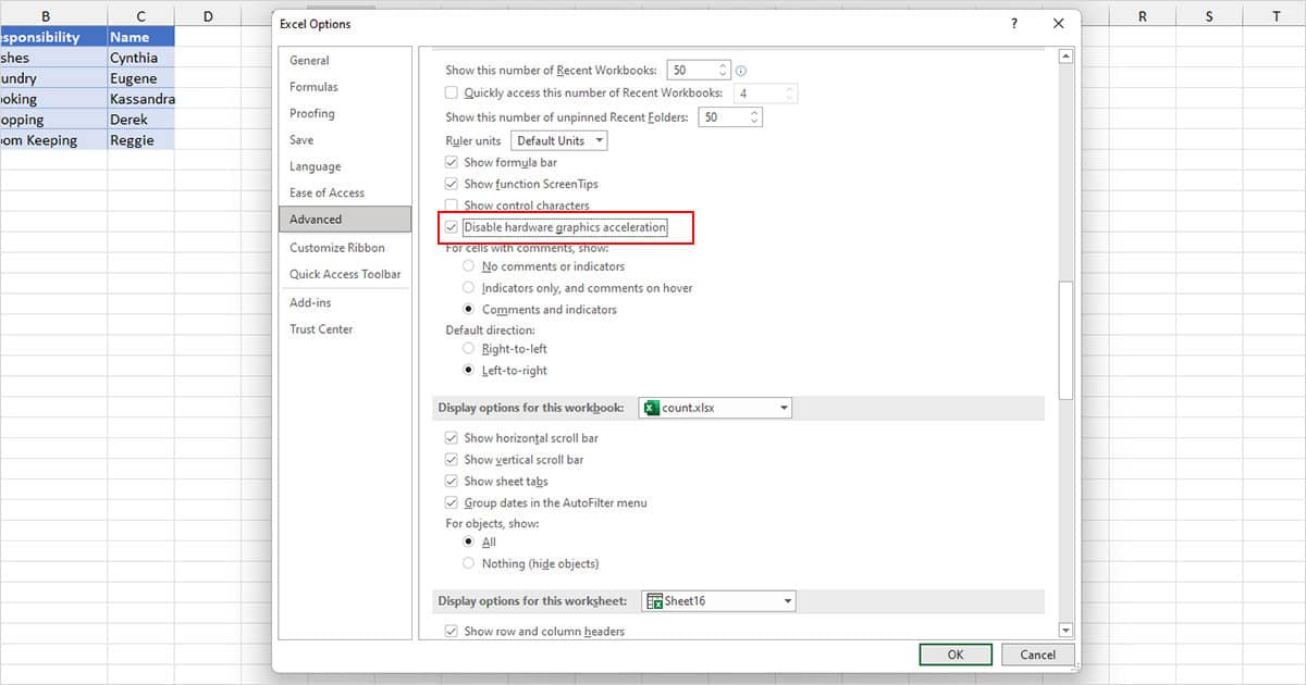 Disable Hardware Acceleration in Excel