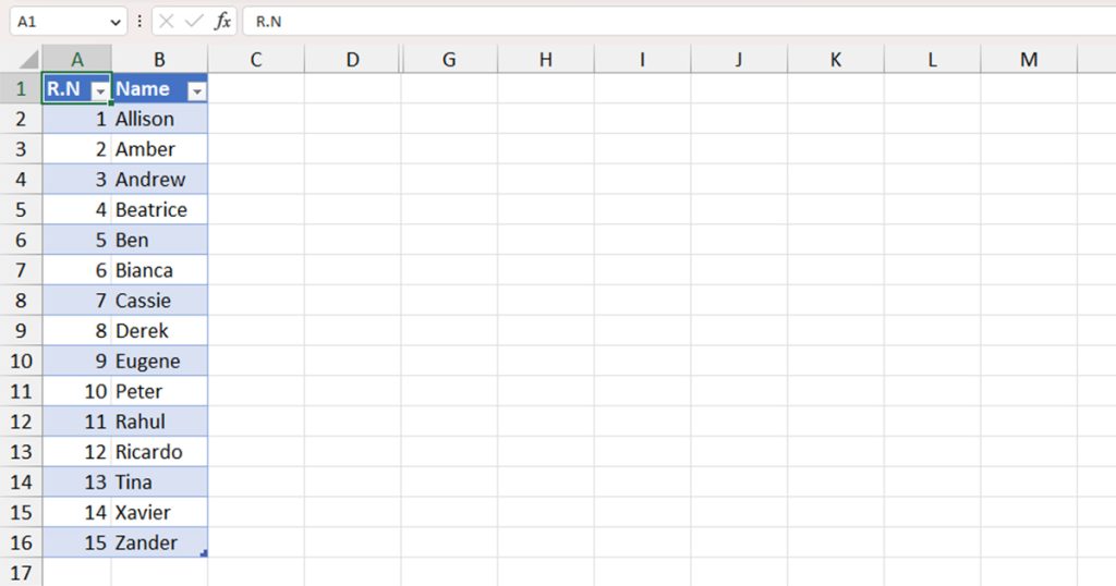 Excel data table