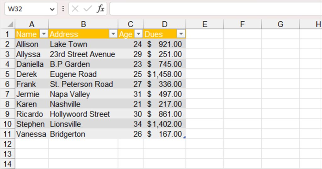 Excel data table