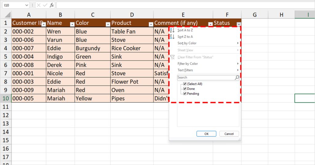 Filter Menu in Excel