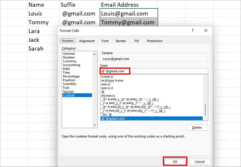 For Suffix enter gmail.com and click OK