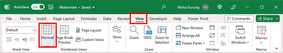 From View Tab, pick Normal on Workbook Views