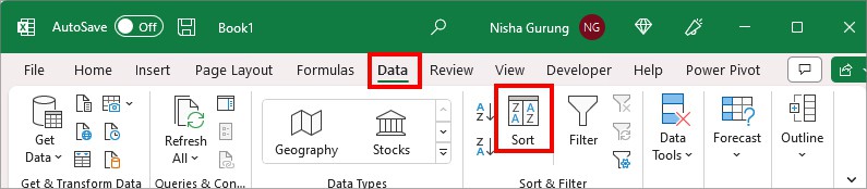 Head to Data Tab and on Sort & Filter, click Sort