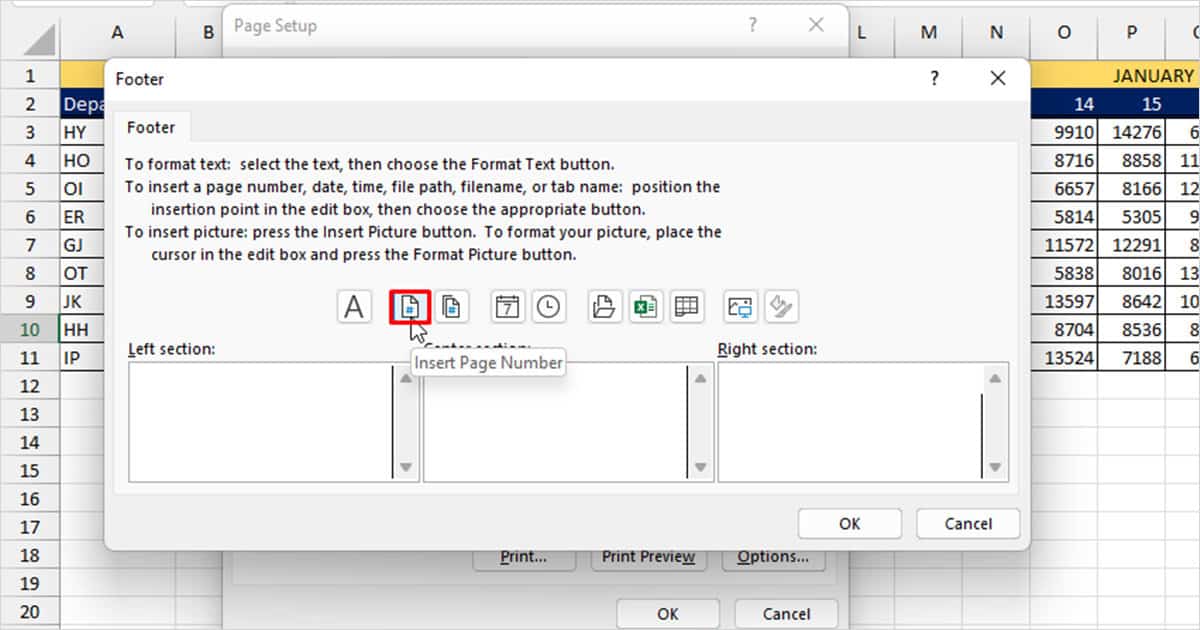 Insert Page Number in Footer Excel