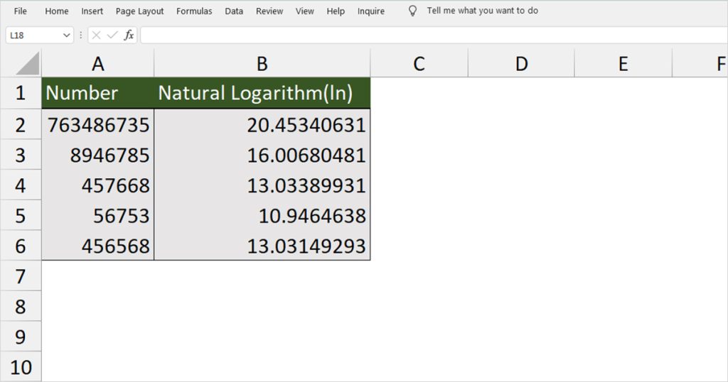 LN table in Excel