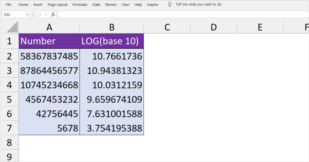 LOG table in Excel