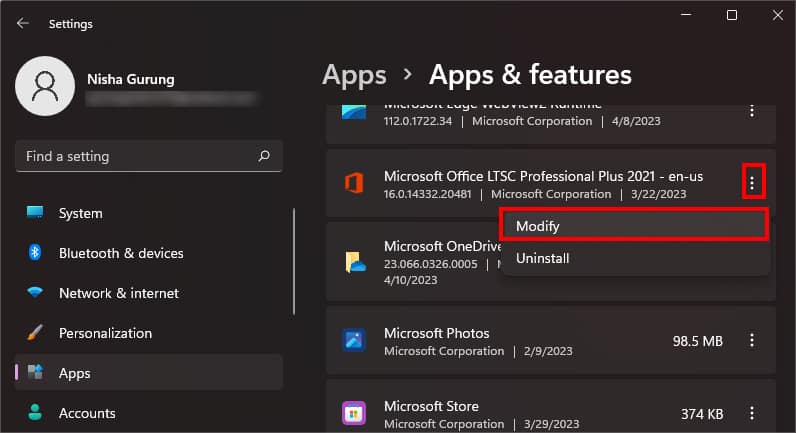 Locate Microsoft Office. Click on the More icon-Modify