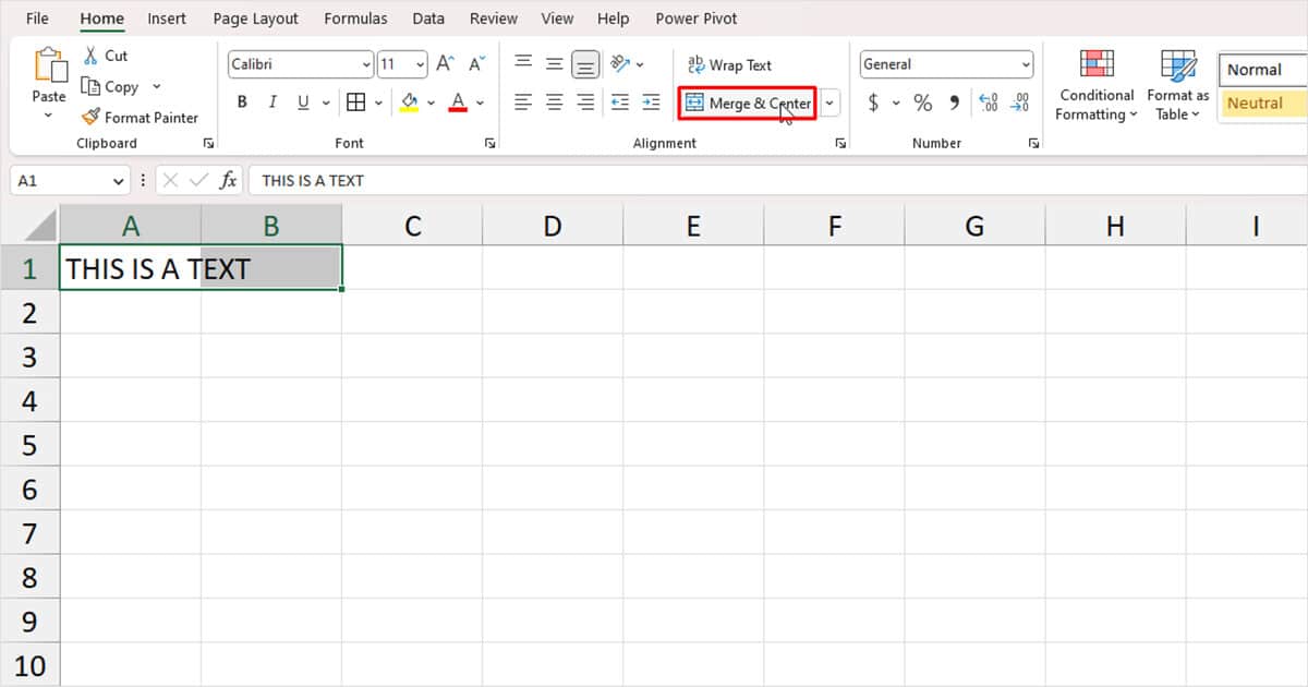 Merge and Center tool Excel