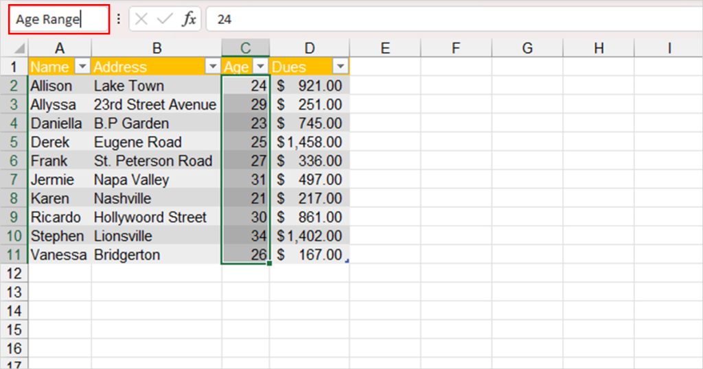 Name a Range from Name Box Excel