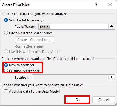 On Create PivotTable window, choose New Worksheet or Existing Worksheet to import data