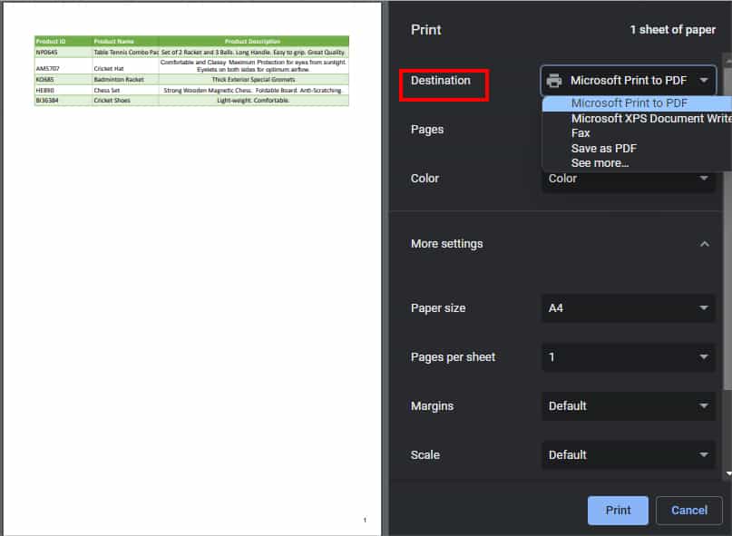 On Destination, expand the drop-down menu and choose your Printer
