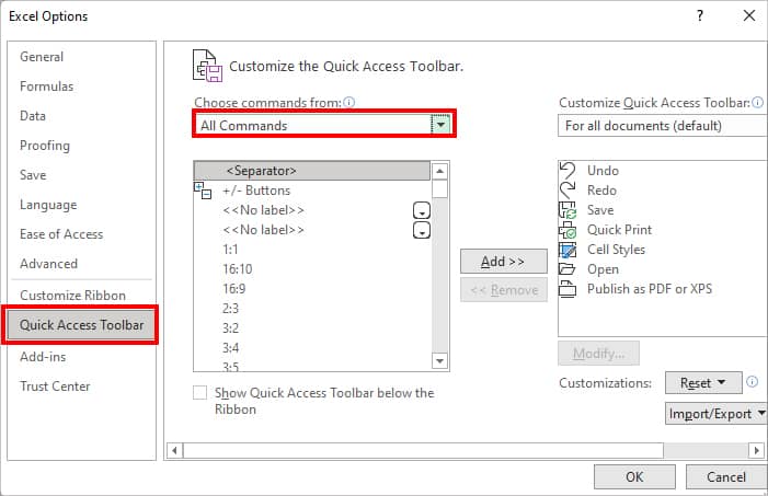On Excel Options, click on Quick Access Toolbar
