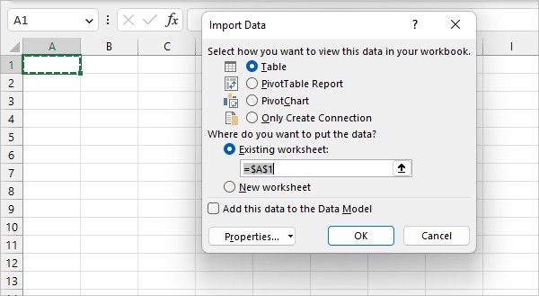 On Import Data box, highlight the Cells to add data and click OK