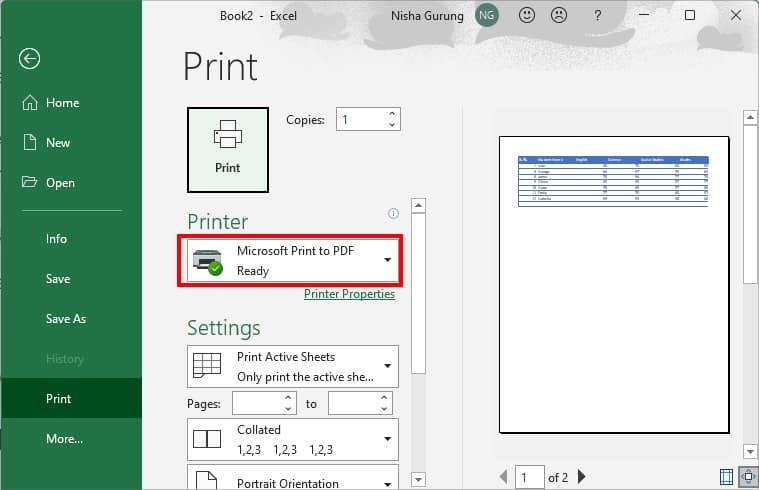 On the Printer menu, ensure the option is set to Microsoft Print to PDF