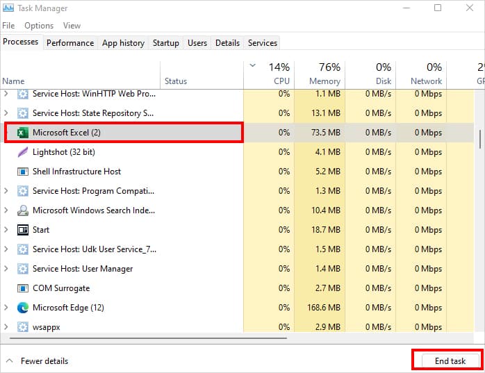 On the Task Manager window, select Excel and click on End task