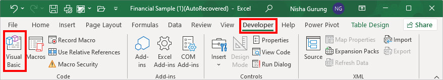 On your worksheet, go to Developer Tab and click on Visual Basic