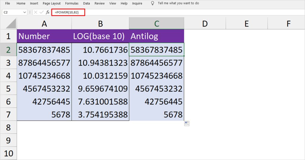 POWER function to calculate antilog