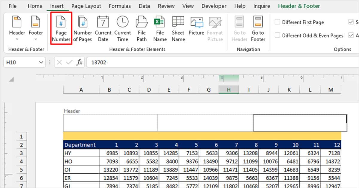 Page Number tool Excel