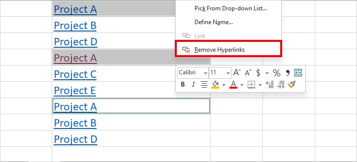 Right-click on Project A and pick Remove Hyperlinks