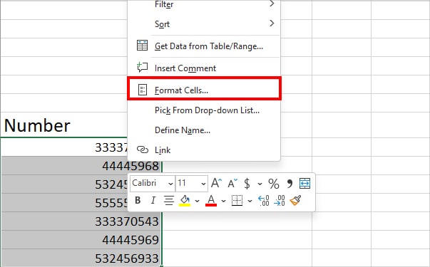 Right-click on selected ranges and choose Format Cells