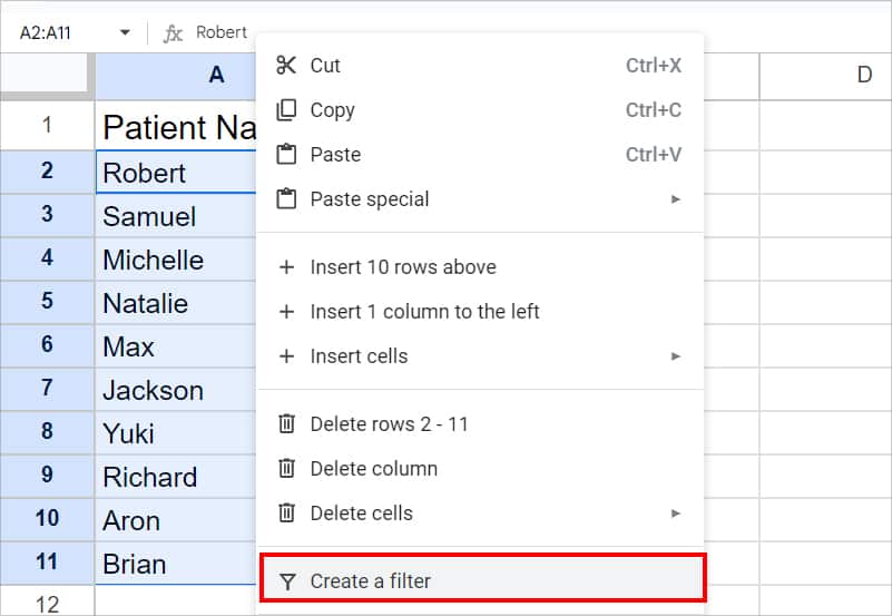 Right-click on the selected cells and pick Create a Filter