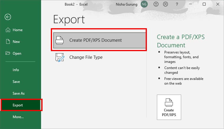 Select Export and pick Create PDF-XPS Document