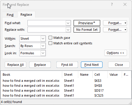 Select all the merged cells