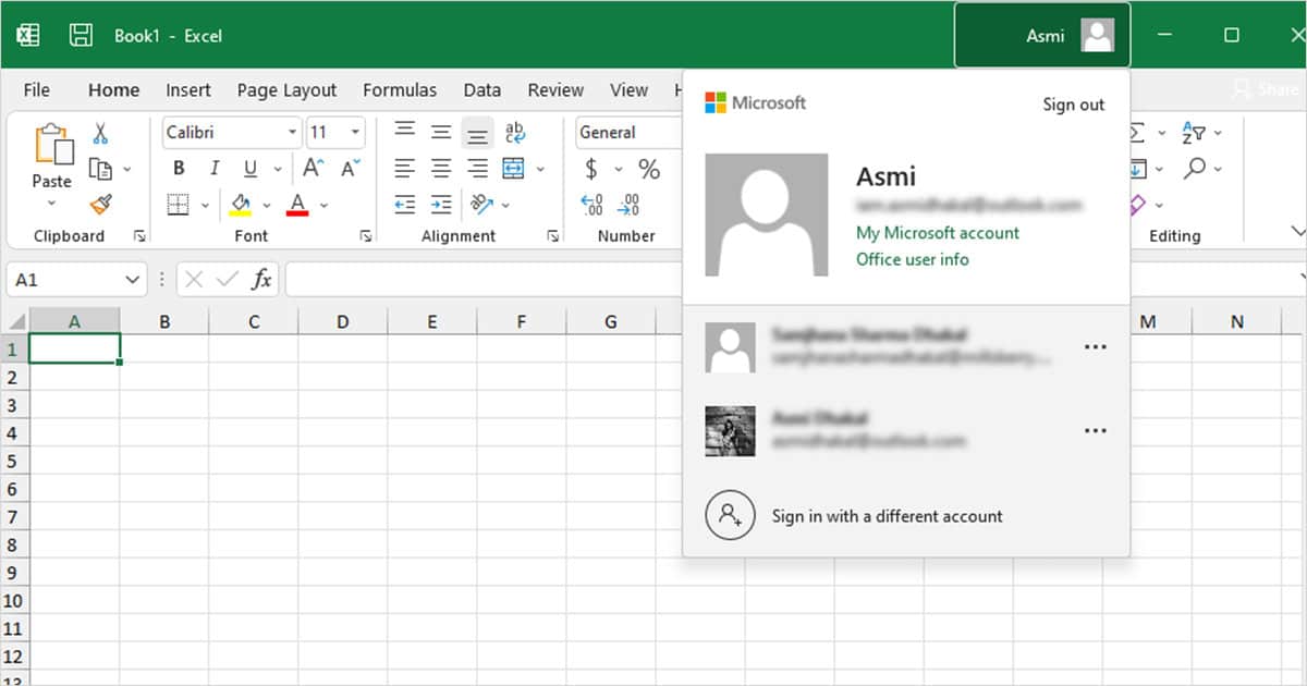Sign in with a different account Excel